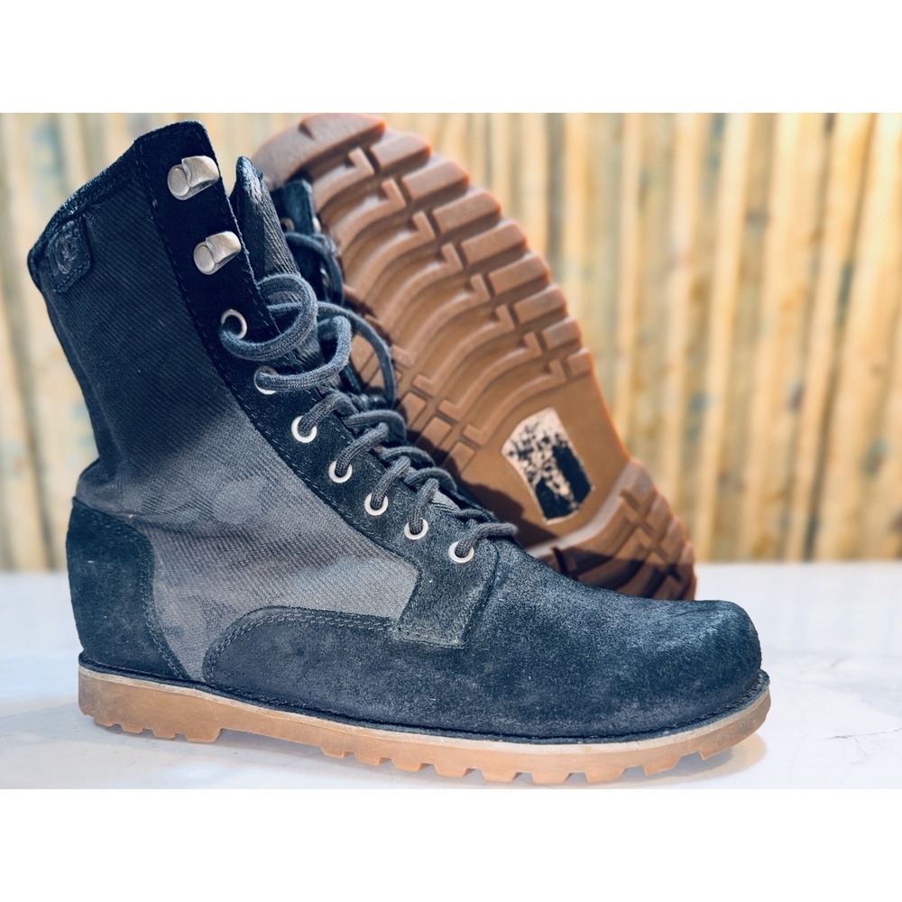 UGG Womens 8.5 Black Wedge Combat Boots Suede Camo Lace Up Hidden Heel